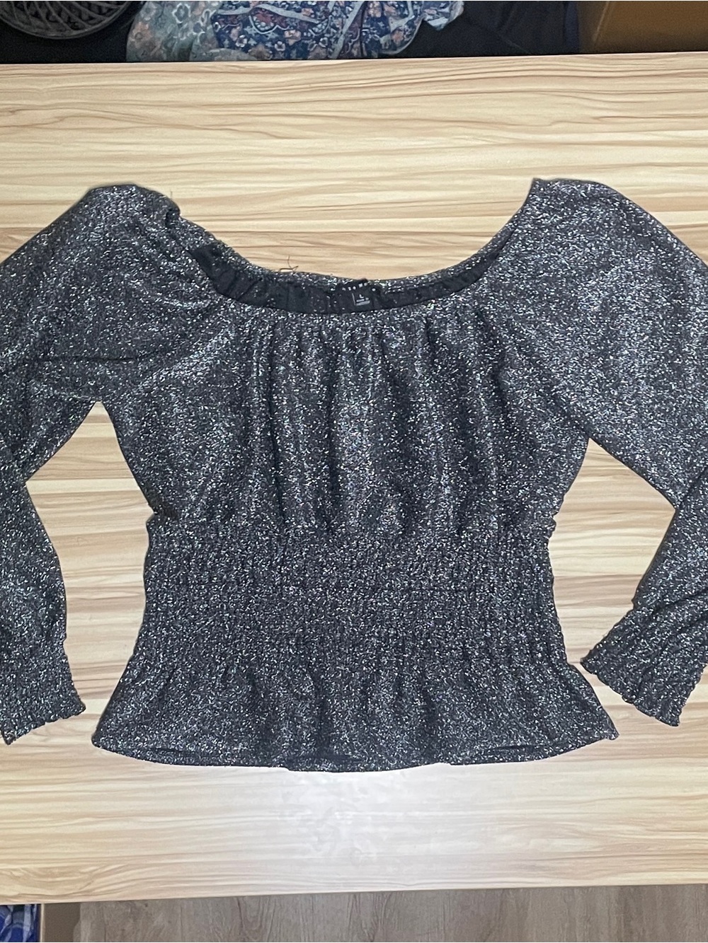 Haute Monde Black Sparkle Off-Shoulder Smocked Waist Top